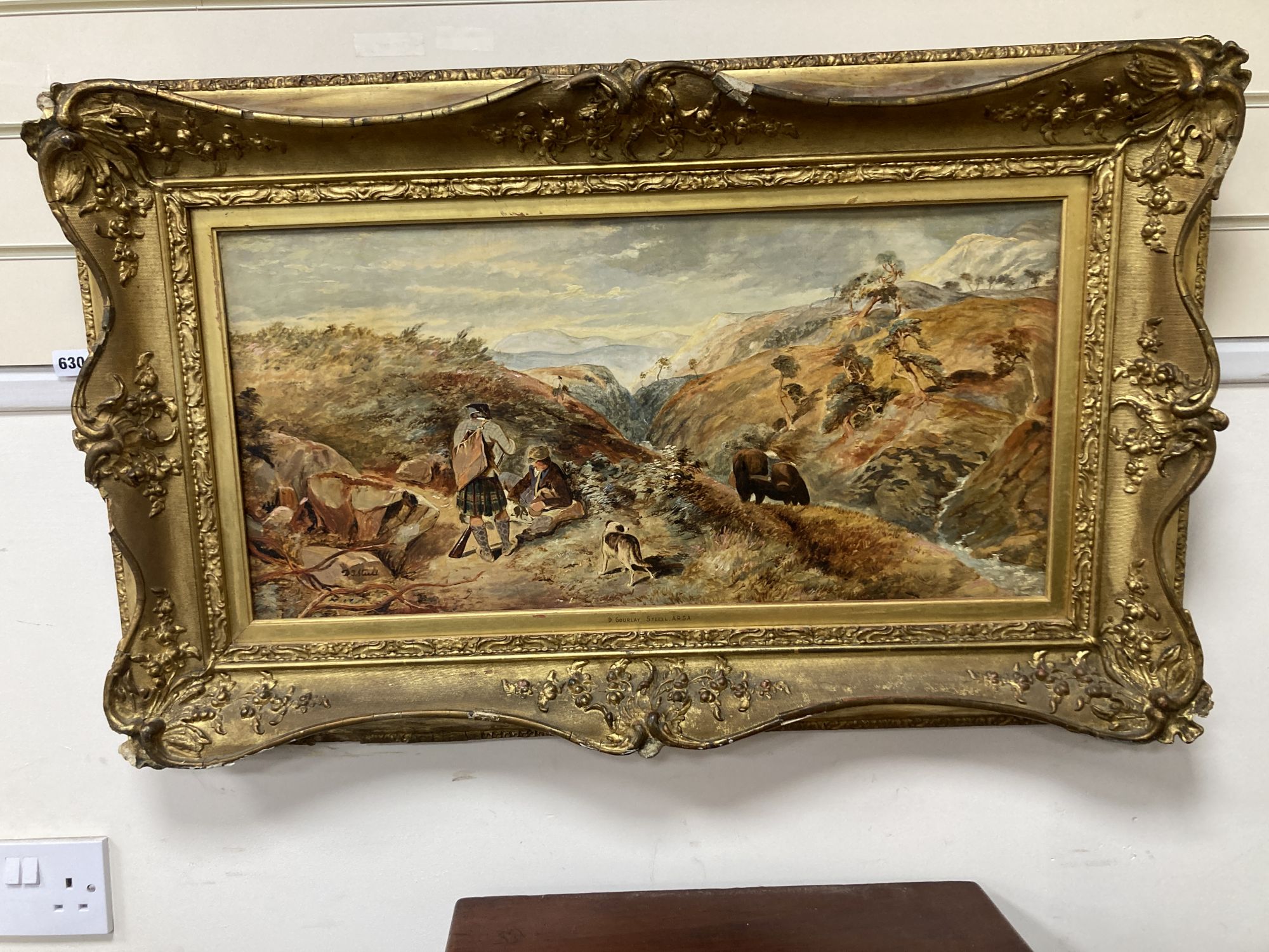 De Gourlay Steell, oil on board, Deer hunters in the Highlands, signed, 32 x 67cm